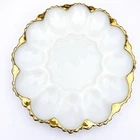 10” Vintage Anchor Hocking Milk Glass Deviled Egg Platter Gold Trim Holds 12