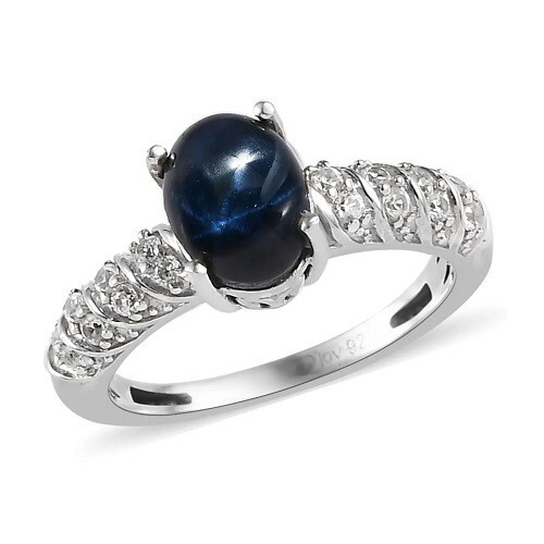 Blue Star Sapphire Natural Zircon Ring Platinum Over SS 2.50 ctw S10 - Picture 1 of 6