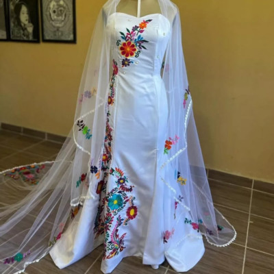 slim fit dress slacks Mexican Embroidered One-Shoulder Maxi Evening Dress One Size / Bougainvillea main image 1