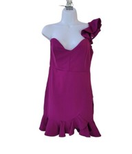 New LULU'S M Magenta Capivate Me One Shoulder Ruffled Trumpet Mini Dress Women