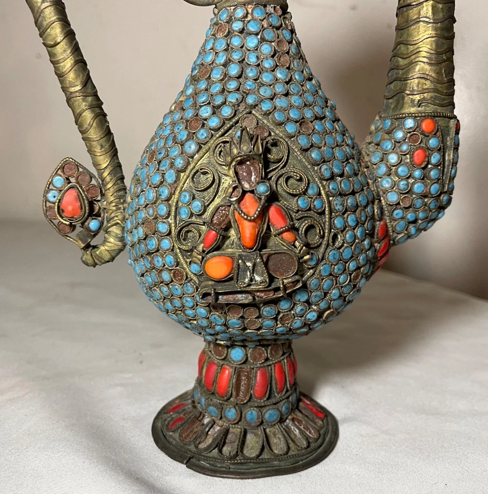 antique early 19th century handmade Tibetan coral turquoise bronze pitcher pot - Image 2 of 4