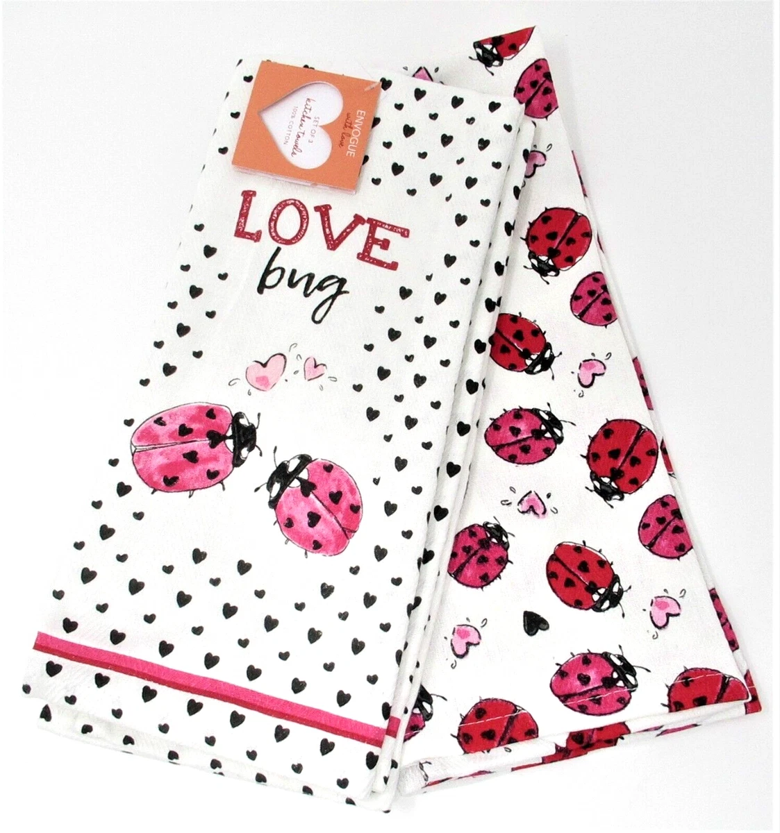 Kitchen Towels Set of 2 dish hand Love Bug ladybugs hearts red pink black white