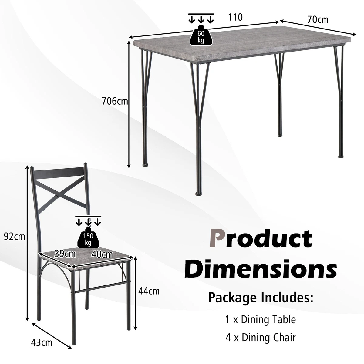 Industrial 5 Piece Dining Table Set Kitchen Table 4 Chairs