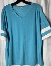 Woman’s Plus 3xl T-Shirt Light Blue With White Striped Sleeves V Neck Pull Over