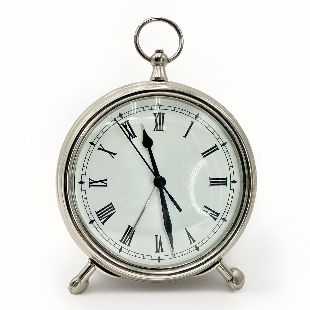 Pottery Barn Tabletop Clock Small Pocket Watch Style Alarm Silver Finish 5”