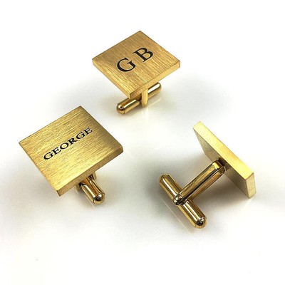Men's Personalized Gold Tone Square Cufflinks Stainless Steel W. Name Engraving