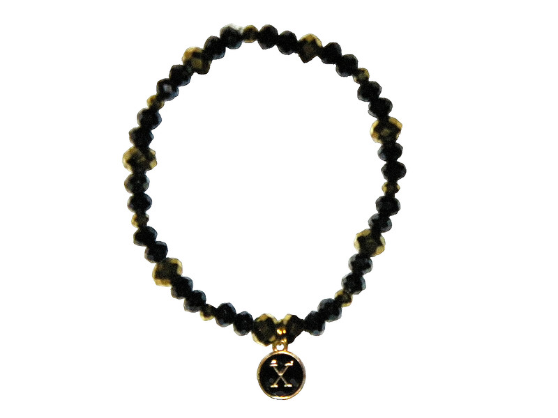 INITIAL "X" CHARM (BLACK) BEADED BRACELET (8 1/8"):  HAND-MADE JEWELRY BY T.L.C.