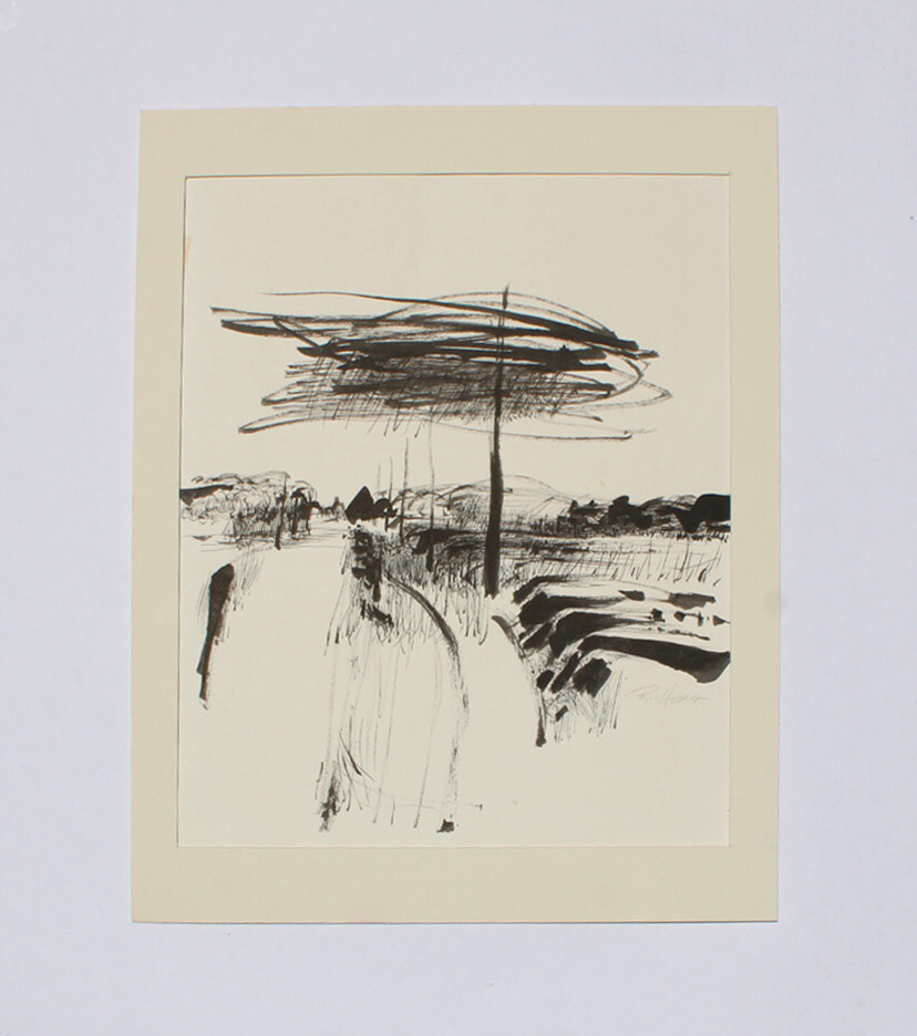 Original Sumi Ink Abstract Landscape Signed Drawing Framed 12-1/2