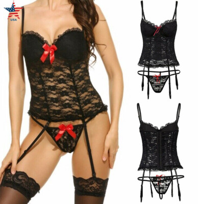 Women Sexy Lingerie Lace Babydoll with Garter Belt Mini Teddy Bodysuit  Sleepwear