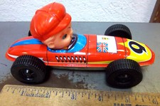 Vintage 1960s Lithographed Tin race car w giant head, UK Flag, NEW  unused