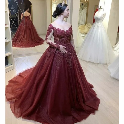 Burgundy Lace Wedding Dresses Long 