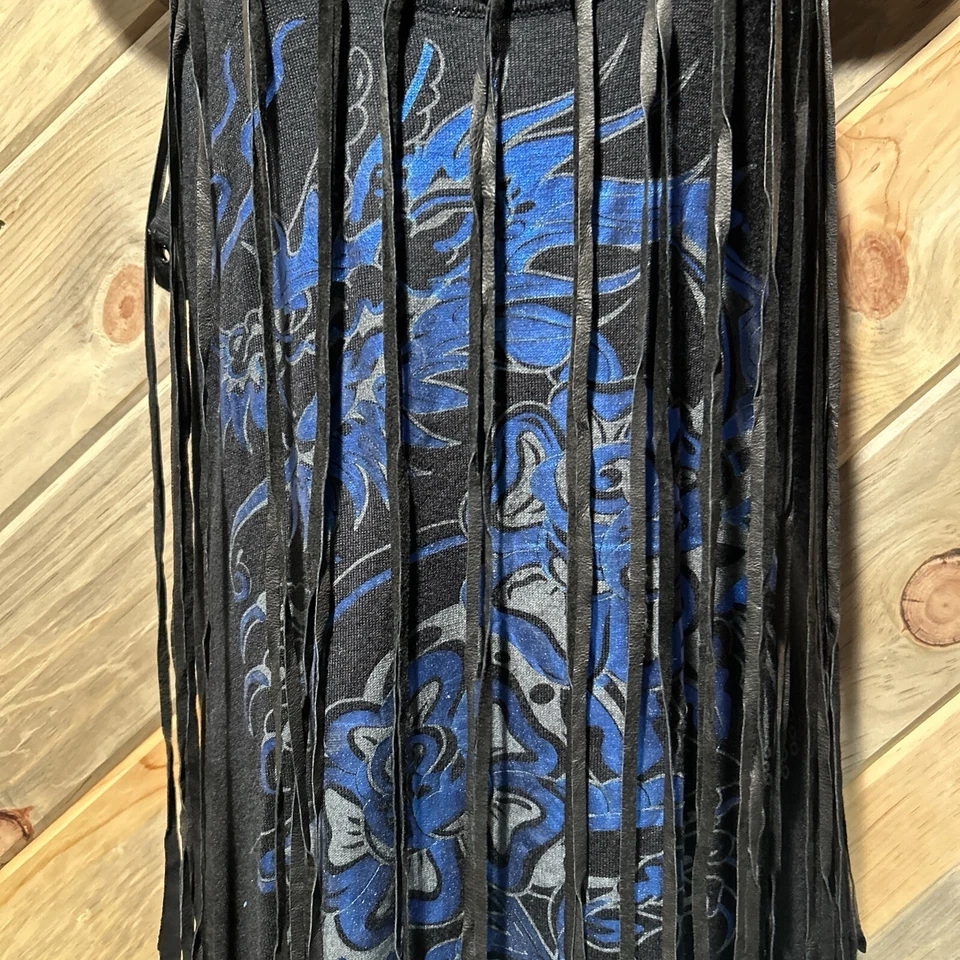 RARE Y2K ED HARDY METALLIC DRAGON TATTOO GROMMET FRINGE RACERBACK TANK DRESS XL - Image 3 of 4