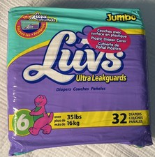 Sealed Jumbo Pack of 32 Luvs Size 6 Vintage Plastic Diapers Barney MINT!