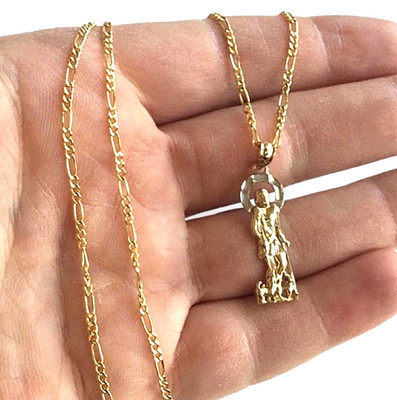 10K Solid Gold Saint Lazarus Pendant 20'' Necklace 1.2'' Lazaro 2mm Figaro-3.1 gr