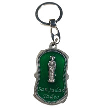 Saint Judas Tadeo Metal Silver Tone Green Keychain Religious