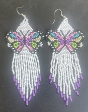 Boho White Colorful Butterfly Seed Bead Beaded Earrings Fringe Tassel Long