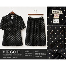Vintage Virgo 2 Piece Skirt Suit Set Black Polka Dot Short Sleeve Blazer Sz 10