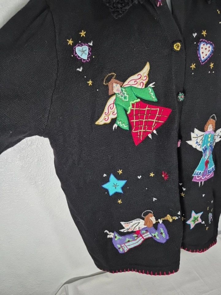 Quacker Factory Black Button-Up Cardigan Angels & Hearts Sweater Size 2X - Image 2 of 4