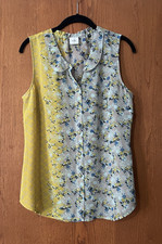 Cabi Women's Sleeveless Blouse Top Sheer Button Down Floral Yellow Blue Size M
