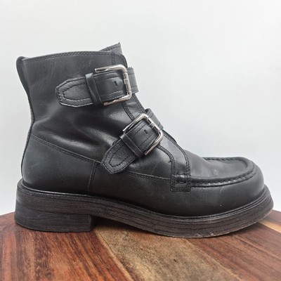 Free People Isla Moto Boots Women's 8 Black Leather Double Buckle Biker Moc Toe