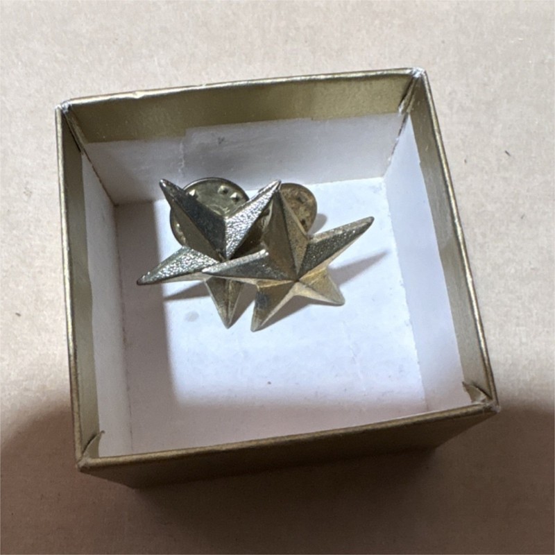 Collectible Silver Metallic Military Double Star Pin Militaria Theme in Box