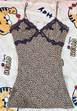 New Oscar de la Renta Leopard Print Lace Trim Chemise Dress Rose Detailing Sz S
