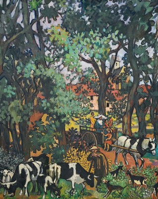 Painting Antique Landscape Animated Abbey en-Calcat Bro Luc Maurice Restive Dom