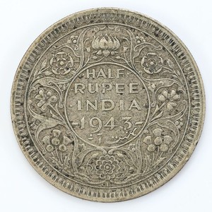 1943 1/2 Rupee India-British Fine Silver Coin 