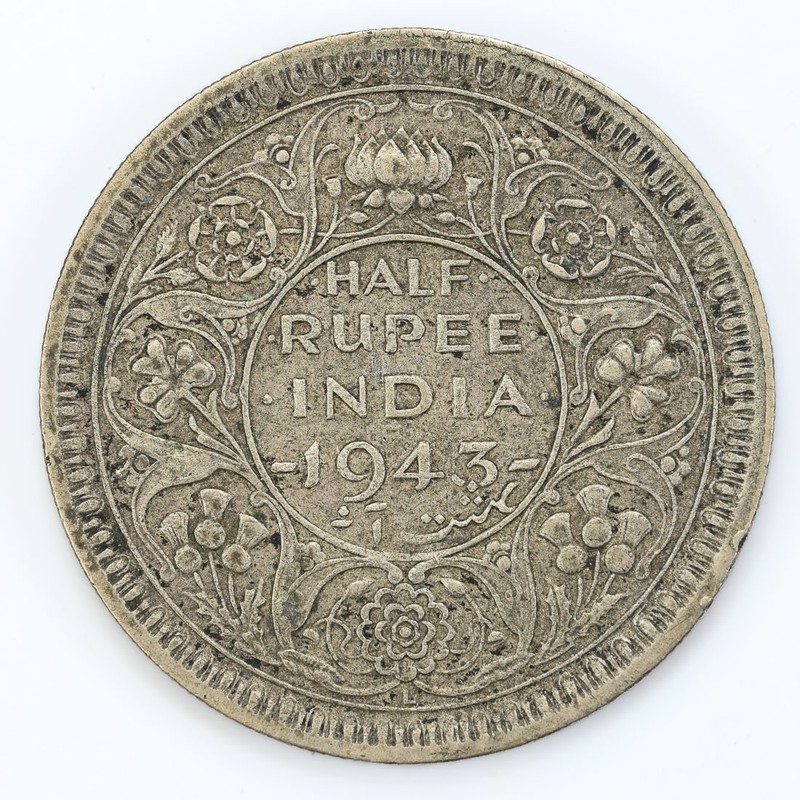 1943 1/2 Rupee India-British Fine Silver Coin 
