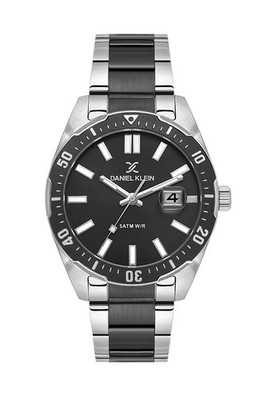 Mens 44mm Quartz Watch Steel Strap Silver / Black Date calendar, Date Magnifier
