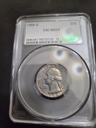 1956-D Washington Silver Quarter CAC GRADED MS64 Mint Set Coin Light Toning
