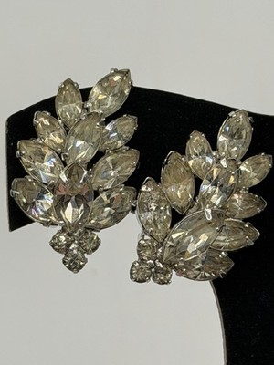 Vintage Eisenberg Crystal Clip On Earrings Rhinestone Marquise Signed Silver