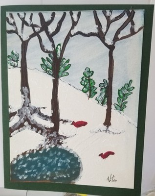 Handmade Winter Scene Greeting Card Acrylic 4X6 with Red Birds plus envelope