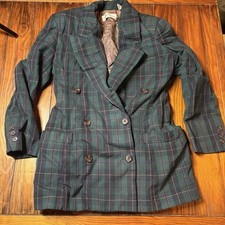 Vtg Linda Allard Ellen Tracy Green Plaid Wool Long Blazer Jacket Sz 4P