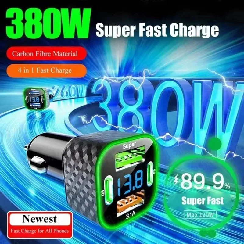Labeling Display 380W USB C Car Phone Charger Dual PD USB Charger With Voltage Display ...