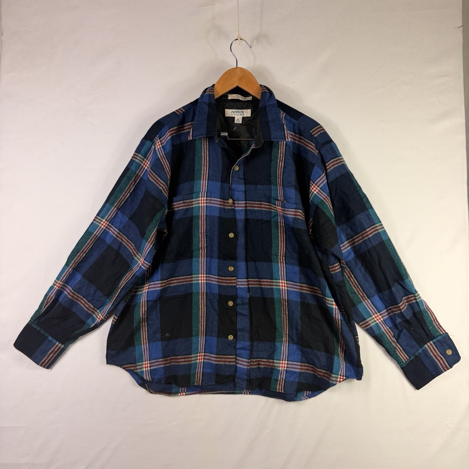 Vintage Arrow Sport Flannel Shirt Mens XL Blue Green Plaid 90s Skater Grunge