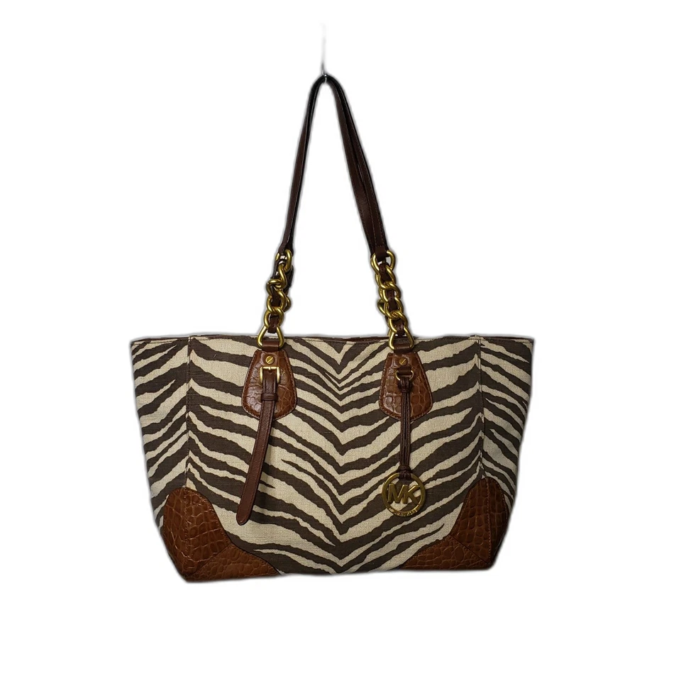 Bolso de Mano Michael Kors Para Mujer Grande Estampado de Cebra Lona Cuero Cartera de Hombro