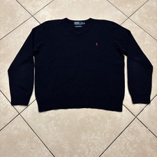 Polo Ralph Lauren Sweater Mens XL Navy Lambs Wool Knit V Neck Pullover Pony VTG