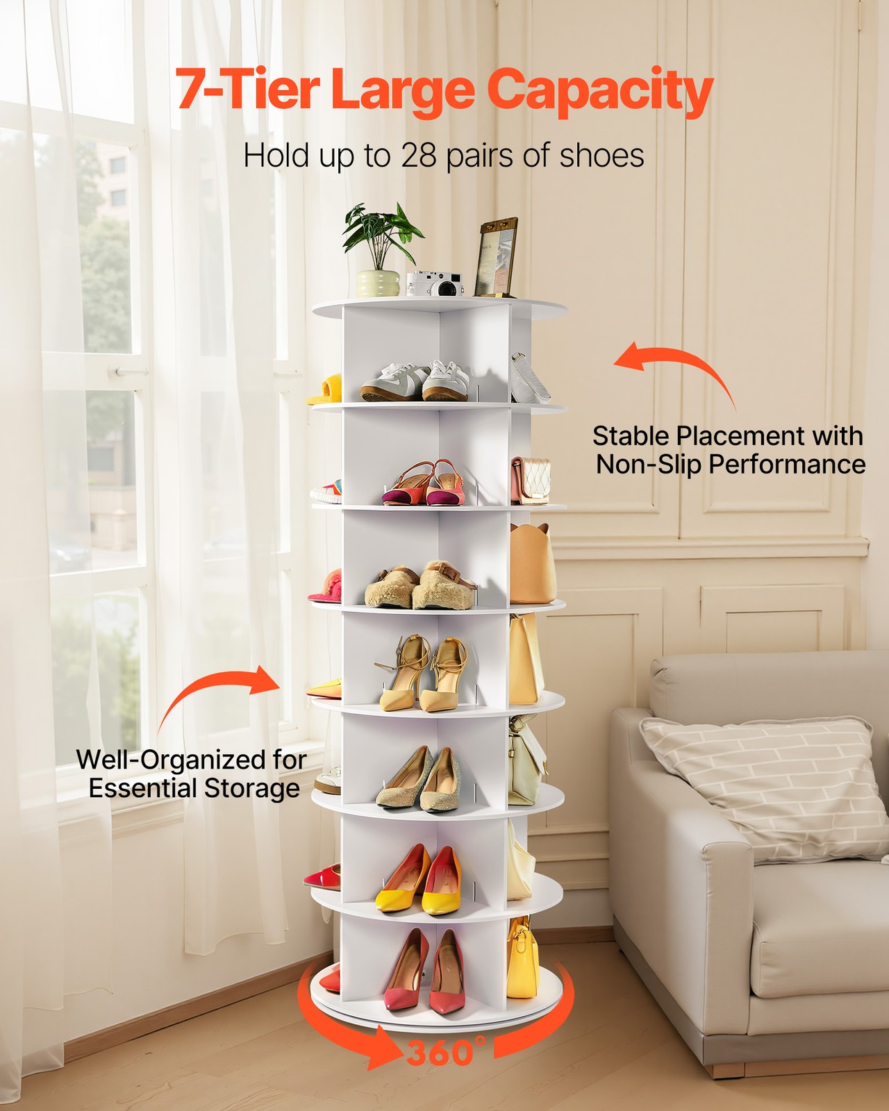 VEVOR 7 Tiers Rotating Shoe Rack Tower 360° Spinning Shoe Rack Display White