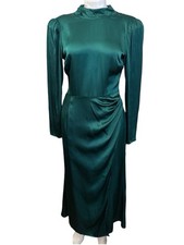 Reformation Carmelina Silk Dress Emerald Green Midi Mock Neck Wrap Slit Size 6