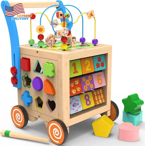 Wooden Activity Cube Sit-To-Stand Learning Walker Activity Push & Pull Toys NEW