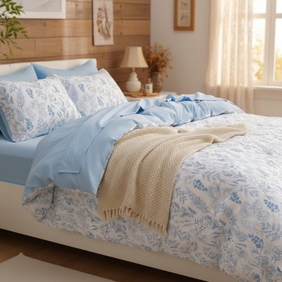 3 Piece Full Floral Comforter Set, Vintage Blue Cottage Style Bedding for Women