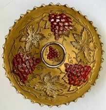 Antique Goofus Glass 9.75” Plate Gold Red Grapes Hobnail Edge Reverse Painted