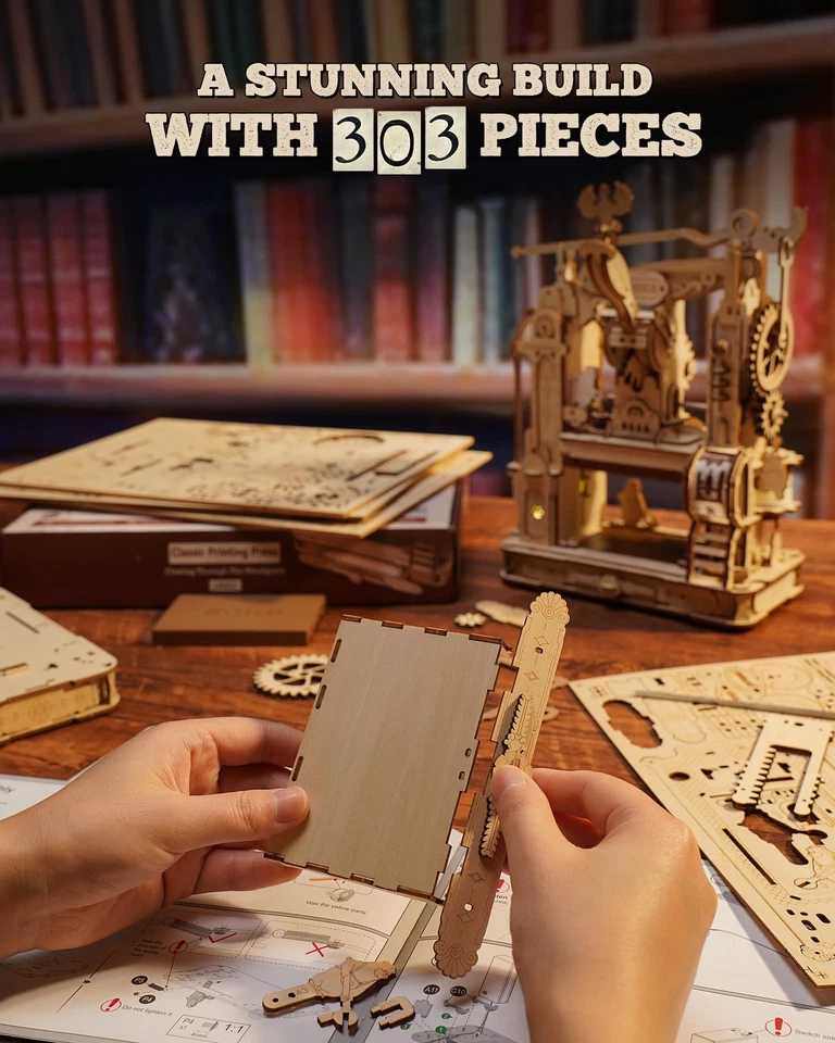 ROBOTIME Printing Press Wooden Puzzle, 3D Puzzles for Adults and Teens, Mecha... - Image 2 of 4