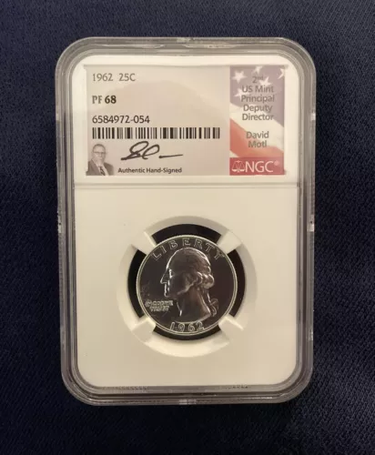 1962 NGC Proof 68 Washington Silver Quarter Signed By David Motl