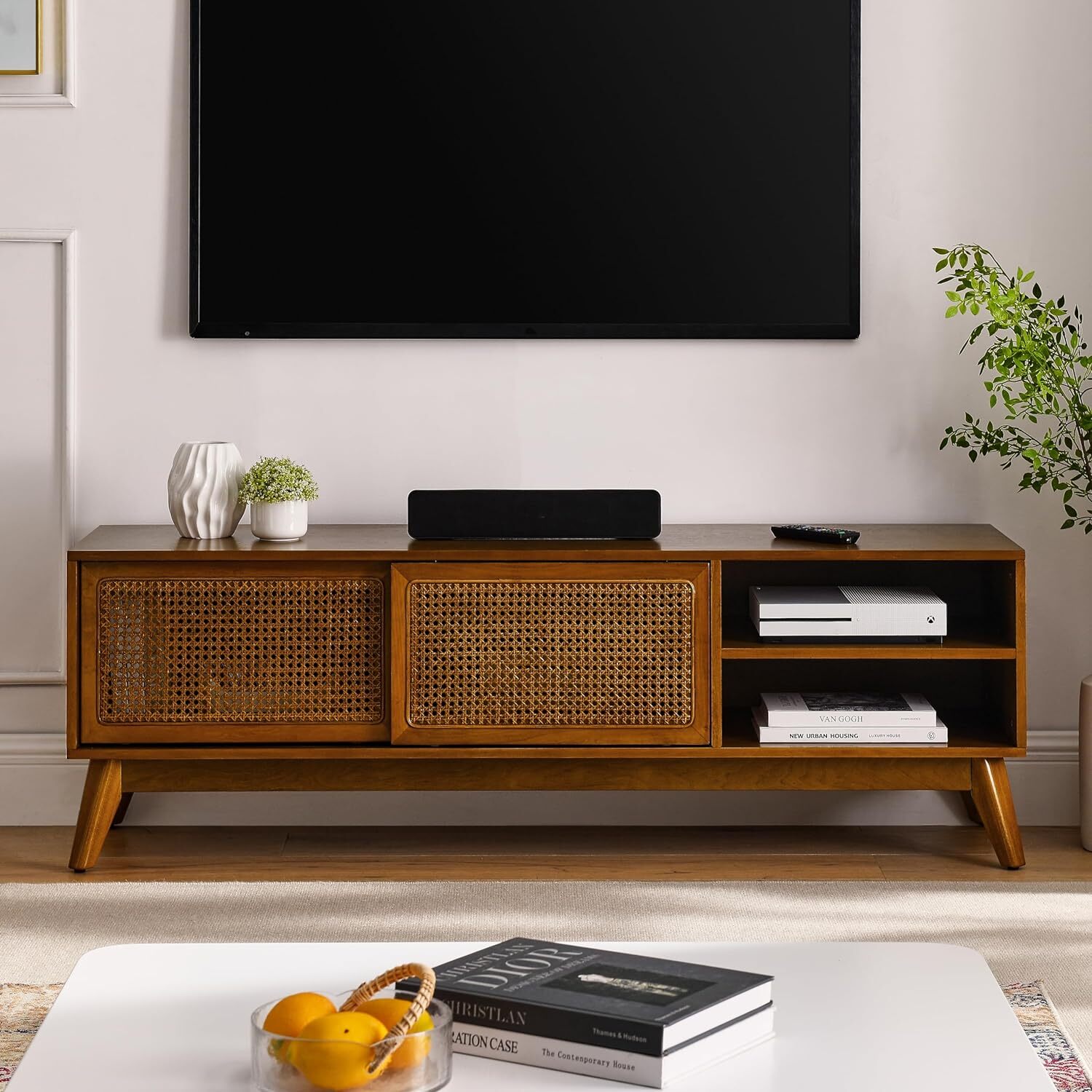 For Tvs Up To 65", Wood Media Console W/sliding Doors & Shel