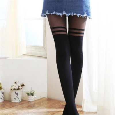 Mock Overknee Doppelstreifen Strapsstrumpfhose One Size Schwarz Farbe Mode