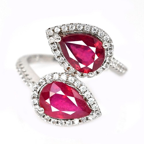 925 STERLING SILVER PIGEON BLOOD RED RUBY PEAR 10X7 MM. WHITE CZ RING SIZE 7 - Picture 6 of 10