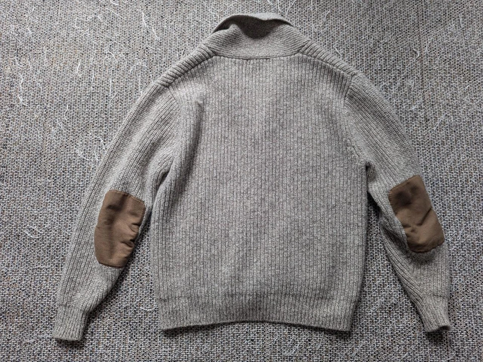 vintage ORVIS chunky knit WOOL cardigan sweater L tan/gray SHAWL leather patch - Image 3 of 4