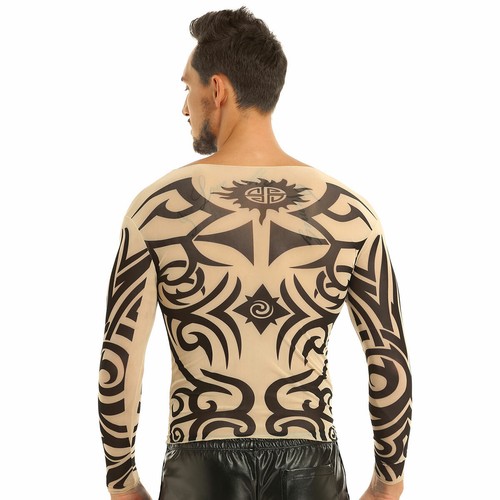 Mens Long Sleeve Mesh See Through T-shirt Fake Tattoo Blouse Shirt Party Fancy - Picture 38 of 56